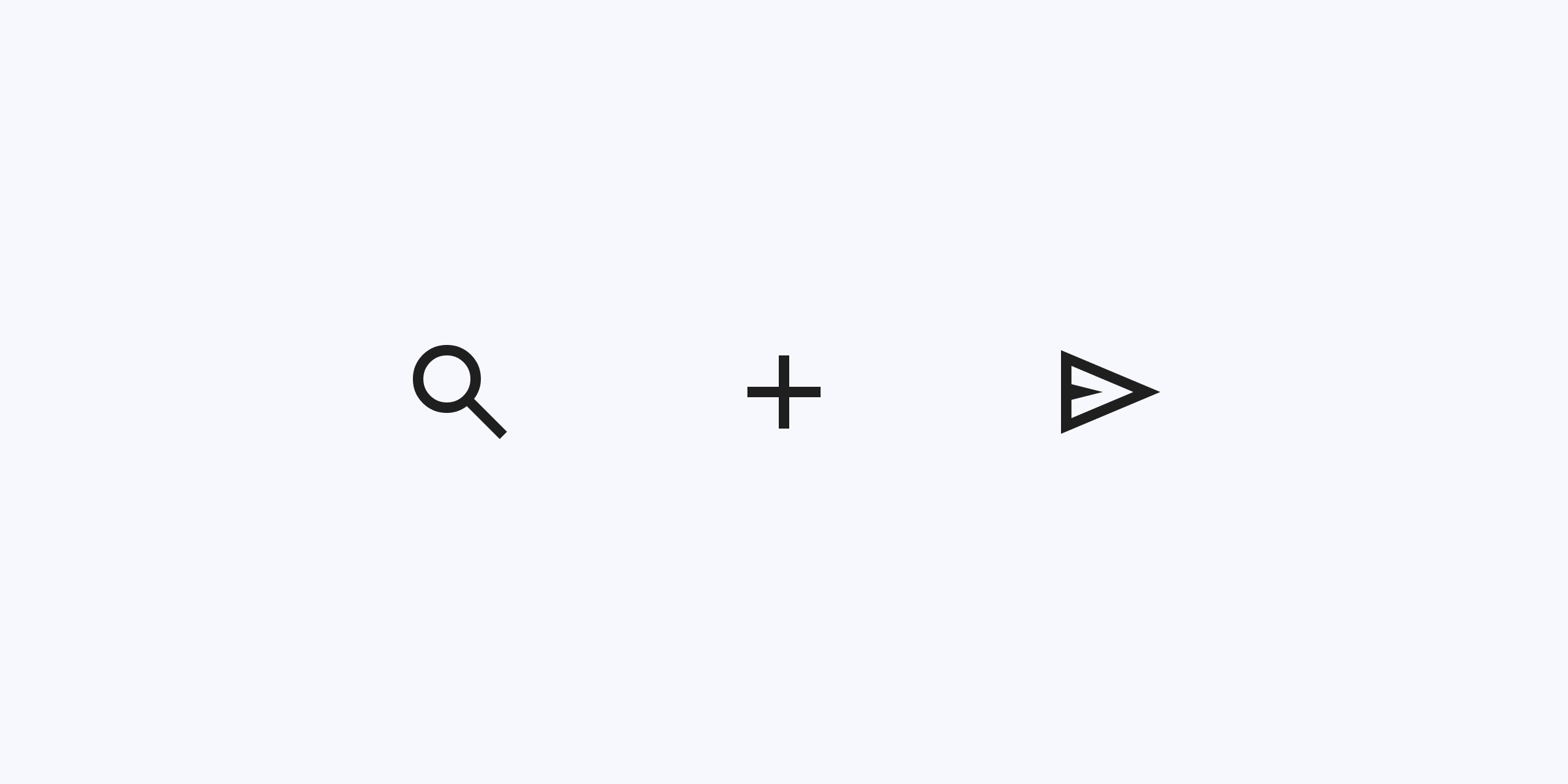 A magnifying glass, plus sign, and send icon with a uniform stroke weight.