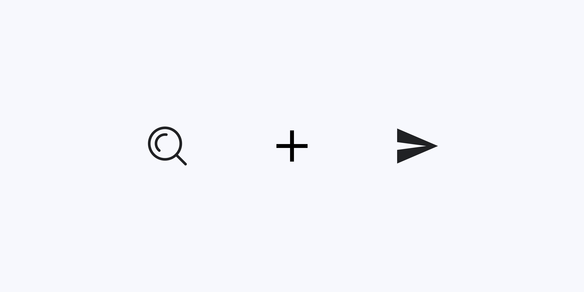 A magnifying glass, plus sign, and send icon with a heavy, filled look.