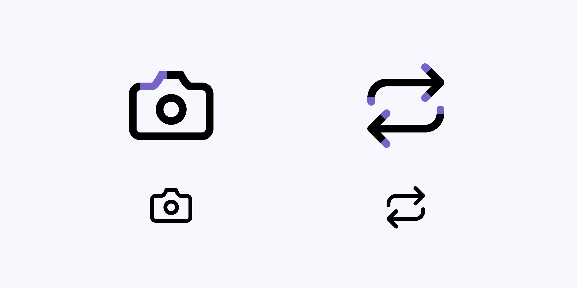 Three icons with soft, rounded corners and end caps