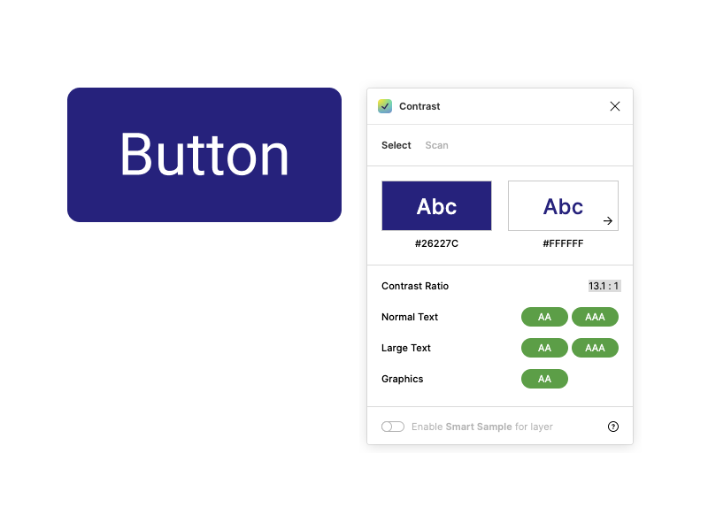 Screenshot of a Figma plugin showing that Fancy buttons satisfy contrast requirements. It shows you two colors passing against each other.